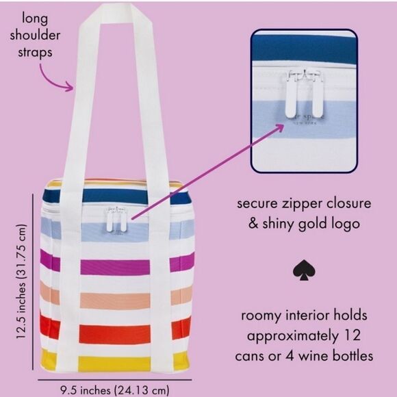 NEW KATE SPADE PICNIC COOLER INSULATED RAINBOW STRIPE WATER RESISTANT TRAVEL BAG - Picture 2 of 11